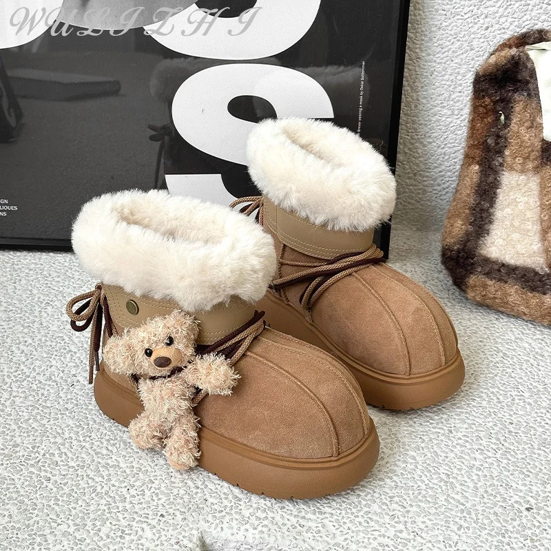 2024 Big Head Cow Suede Short Boots Winter Thick Soled Women's Snow Boots Round Toe Warmth Increased Cute Girls' Footwear