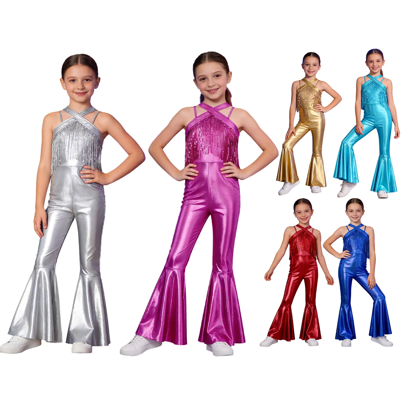 Kids Girls Metallic Disco Jazz Dance Performance Jumpsuit Shiny Sequins Tassels Sleeveless Bell-bottoms Rompers Stage Dancewear