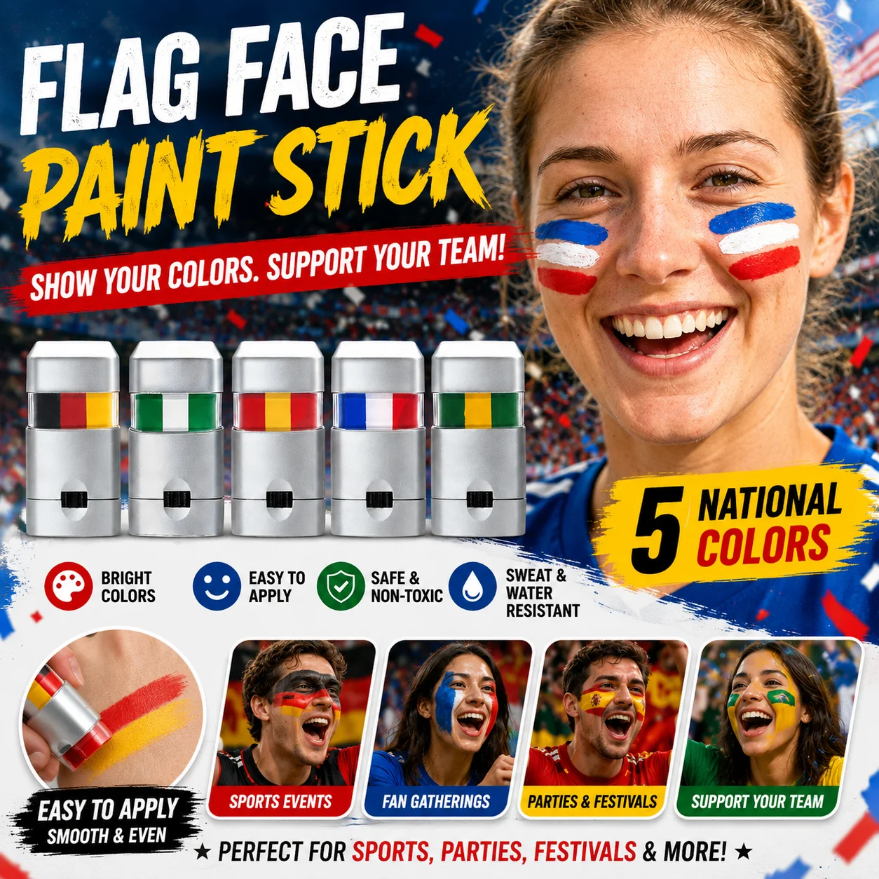 Flag Themed 3 Color Face Paint Stick Skin Safe Quick Dry Face And Body Paint For Football Matches National Celebrations Parties