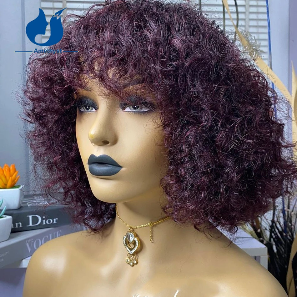 

Amethyst Kinky Curly Burgundy Human Hair Bob Wig with Bangs for Women Scalp Top Full Machine Made Human Hair Wig 99J Red Ombre