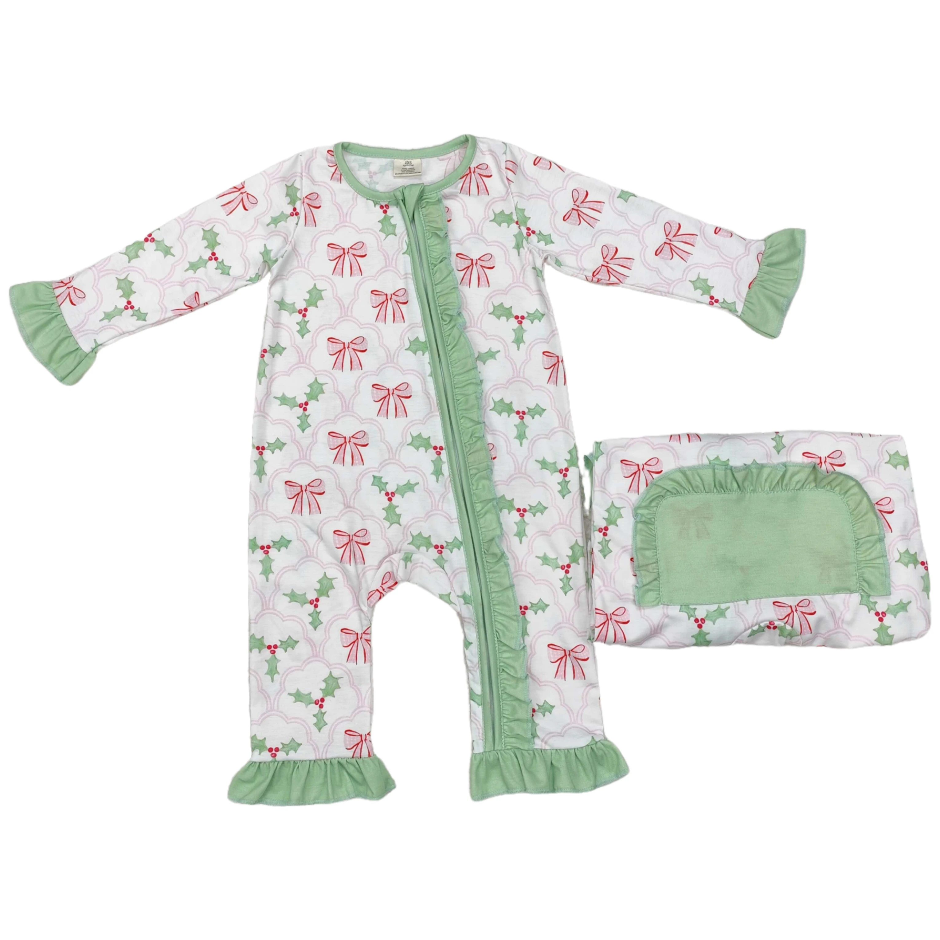 

Wholesale Children Baby Girl Green Ruffle Romper Kids Infant Zipper Toddler One-piece Newborn Coverall Christmas Bow Bodysuit