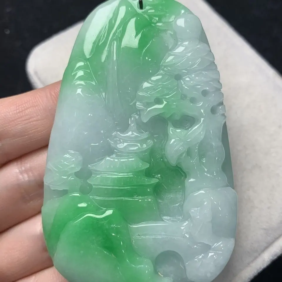 

Natural Myanmar jadeite ice glutinous seed old pit floating green landscape brand jade pendant