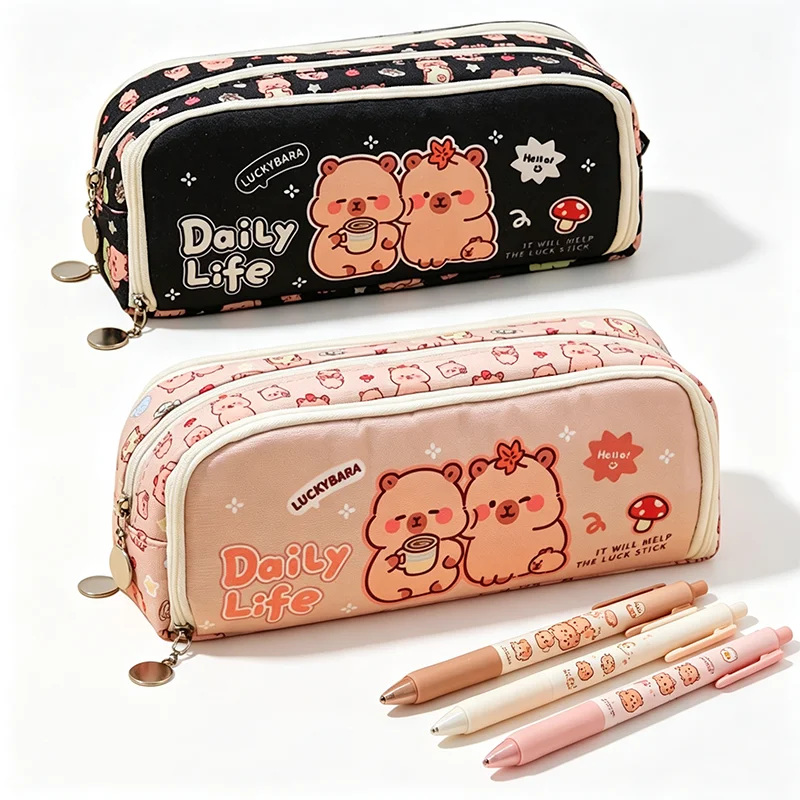 Cute Cartoon Capybara Pencil Case, Double-layer Zipper Large Capacity Stationery Storage, Cute Animal Pattern Stationery Bag