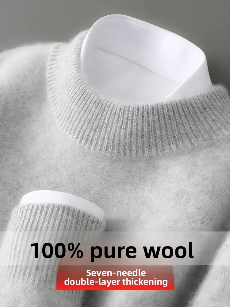 Men's Autumn Winter Thickened 100 Pure Wool Knitted Sweater Half High Collar Oversize Cashmere Loose Bottom Shirt Business Ca...