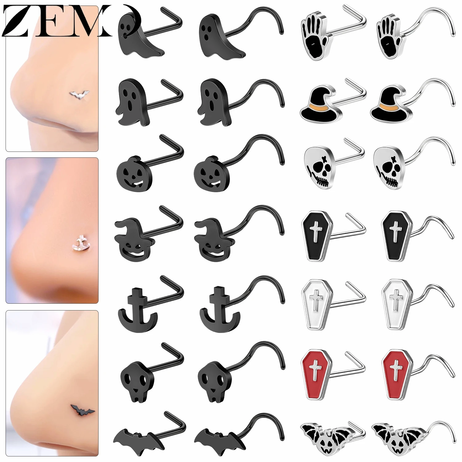 ZEMO 1 Stück 20 g Halloween schöne Nasenstecker aus Edelstahl für Damen und Herren, Nasenringe in L/S-Form, Geister-Kürbis-Nasenloch-Piercings, Geschenk