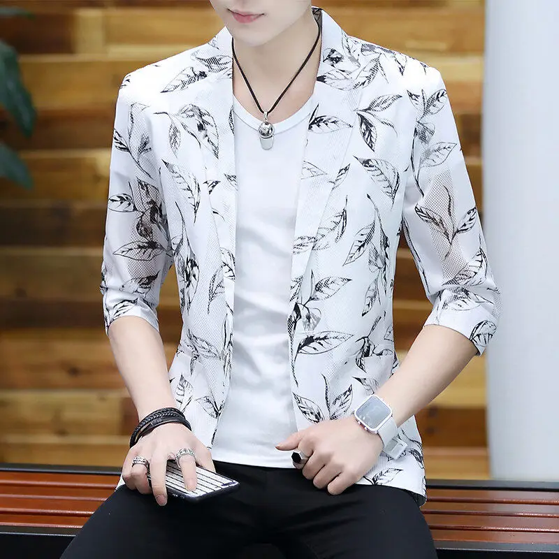 

Lightweight Short Sleeve Men's Breathable Cool Feeling Korean Style Slim Fit Floral Print Jacket Spring Summer Fashion