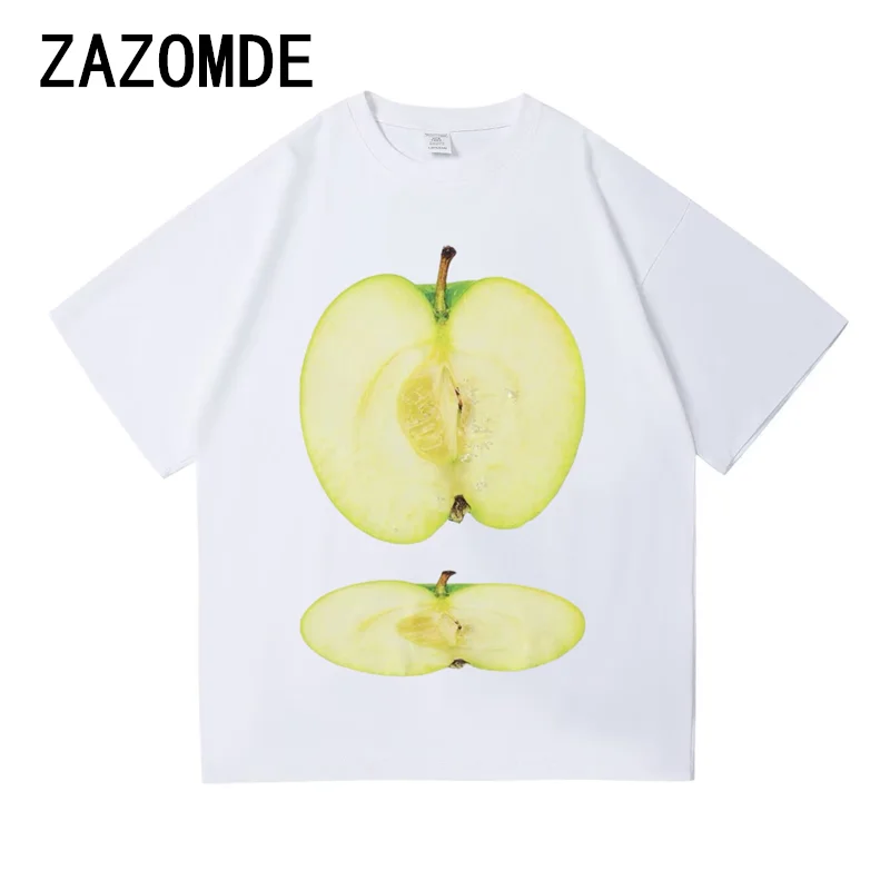 ZAZOMDE Summer Man T-Shirts Funny Apple Print Tees Trendy Style Short Sleeve Street Trend O-neck Tops Daily Loose Pullover