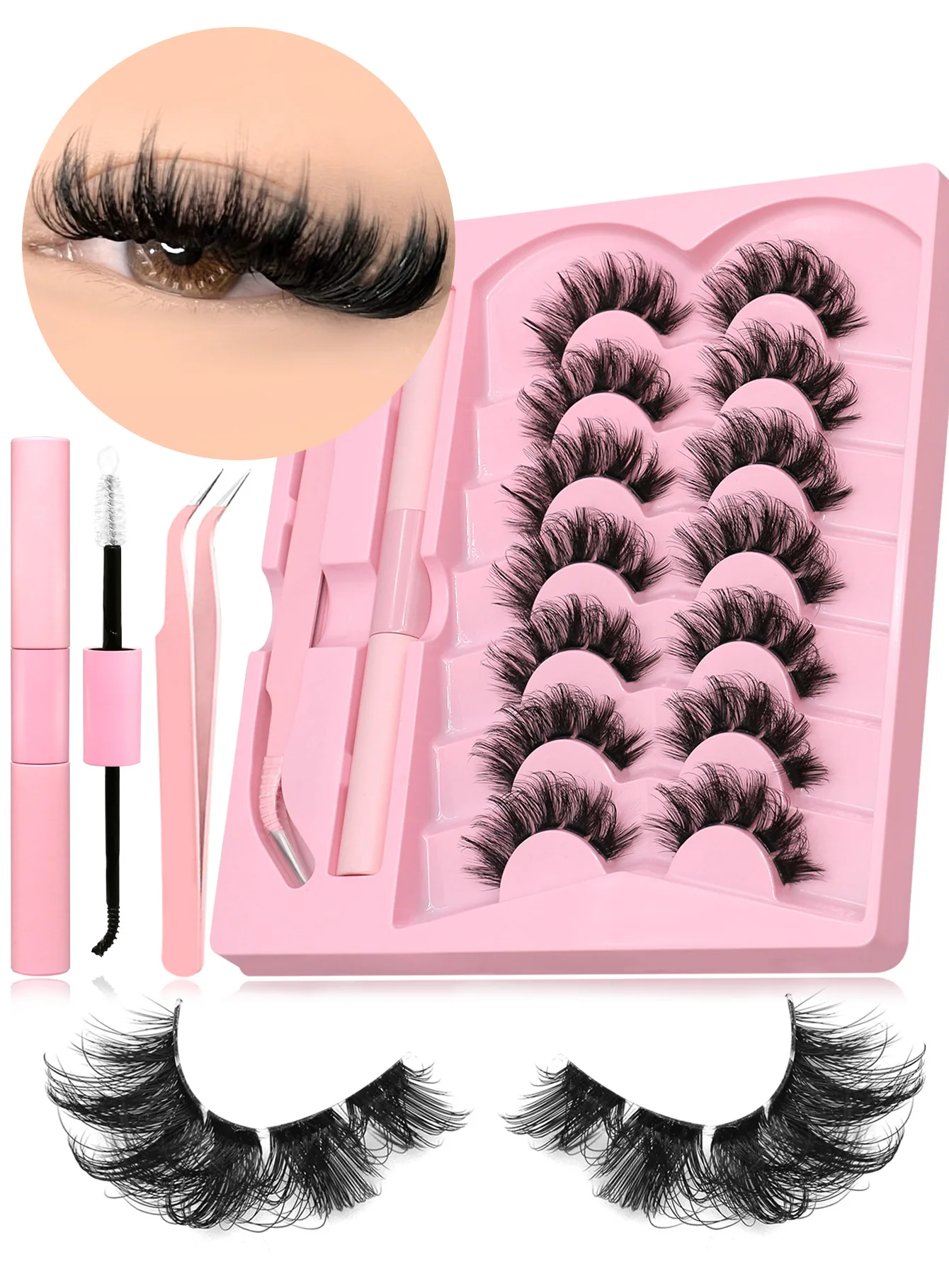GROINNEYA 7 paires bande claire faux cils ensemble chat faux cils bricolage faux cils avec pince à épiler et colle maquillage 1