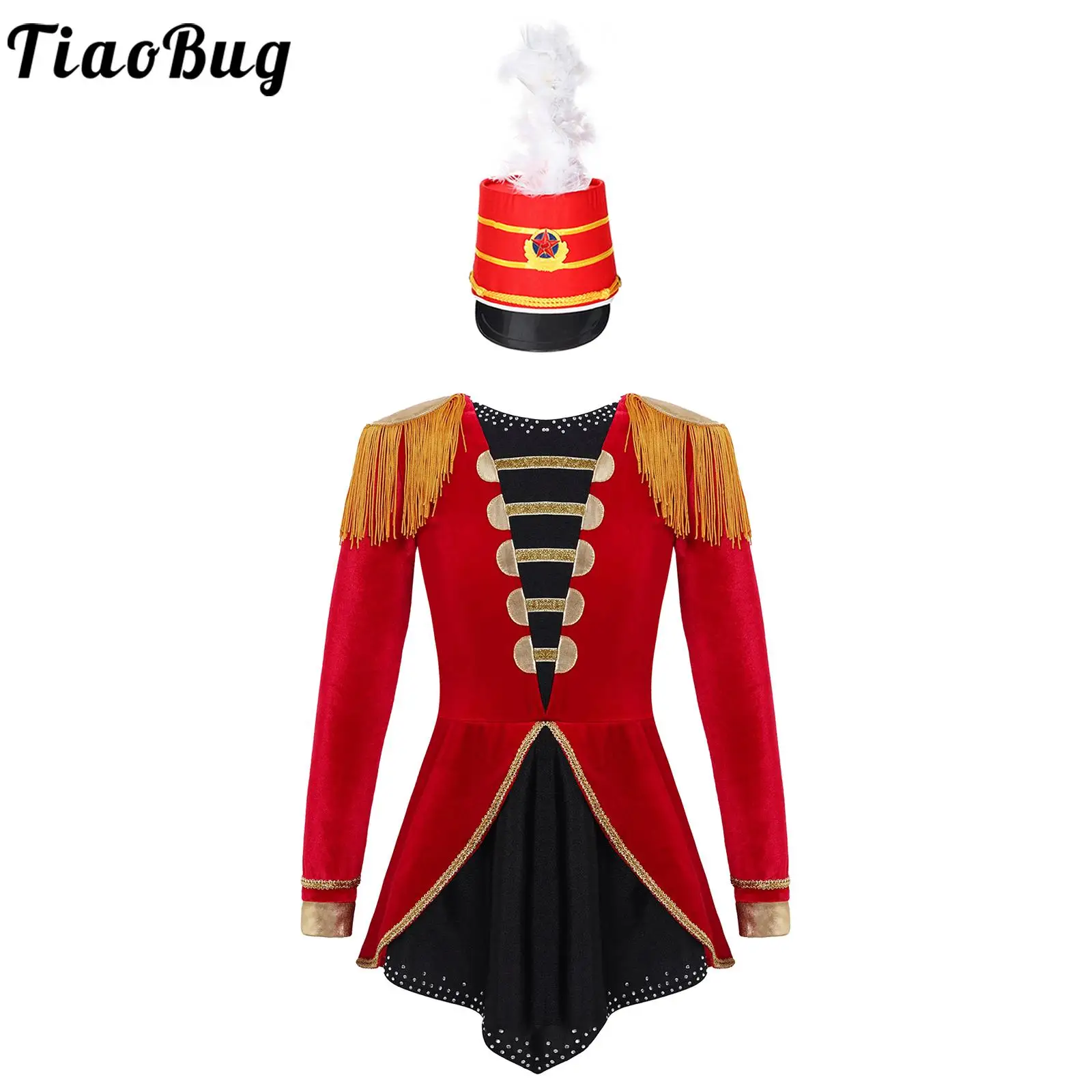 

Kids Girls Circus Ringmaster Costume Halloween Cosplay Flag Raiser Honour Guard Dress Long Sleeve Leotard Dress with Feather Hat