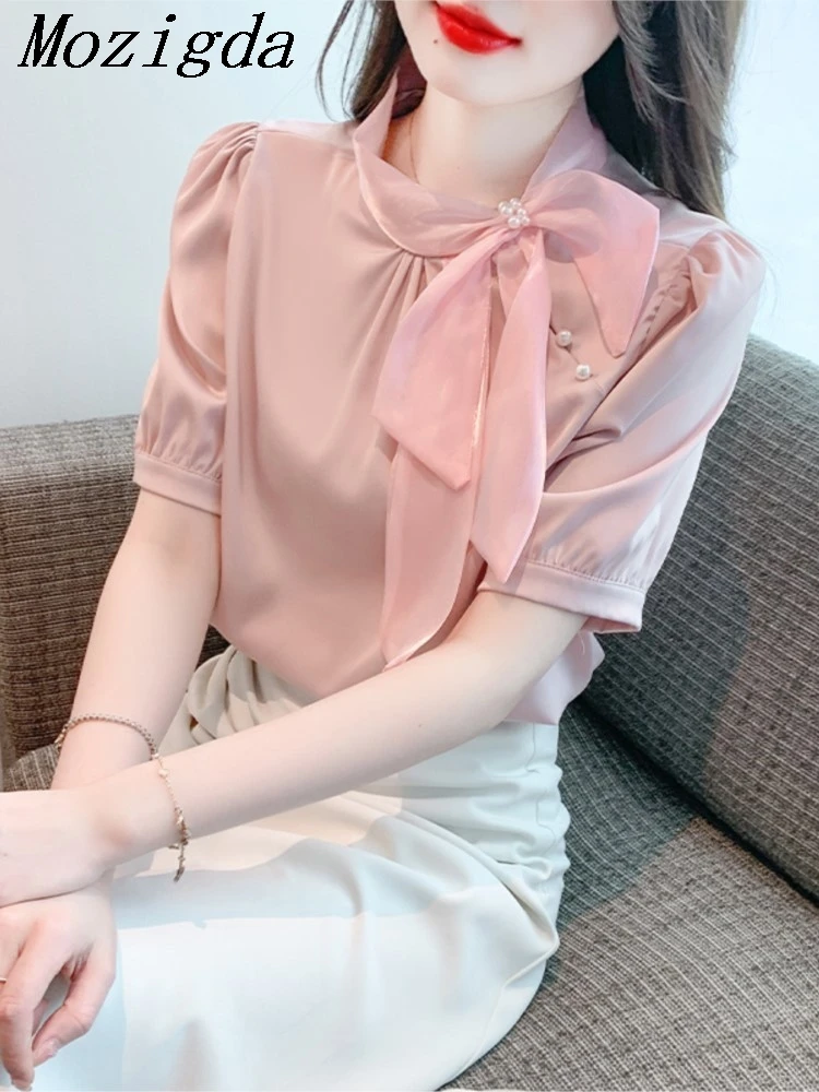 Fashion Bow Collar Apricot Chiffon Blouse Shirt Women Tops Blusas Mujer De Moda Verano Short Sleeve Blouse Women Blusa