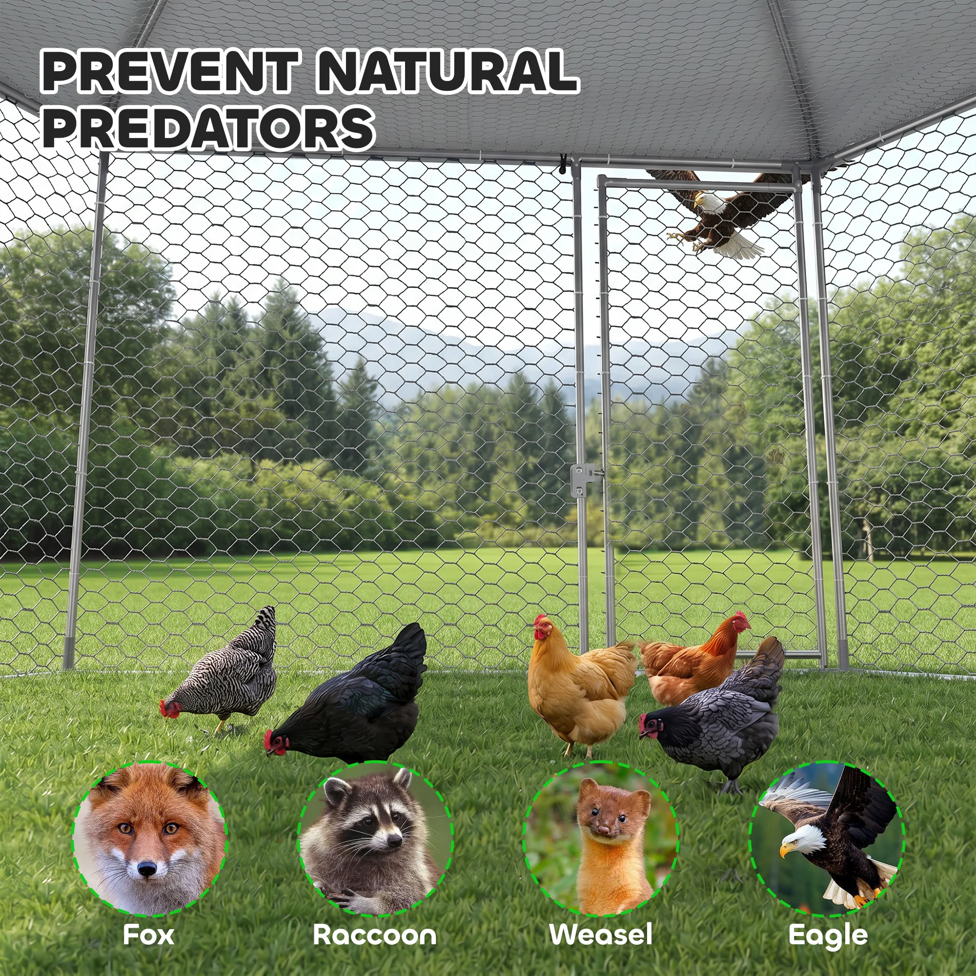 PawHut Walk in Chicken Run Chicken Coop with Cover, for 10-15 Chickens, Hens, Rabbits, Ducks, 4 x 3.5 x 2.6m - Silver Tone