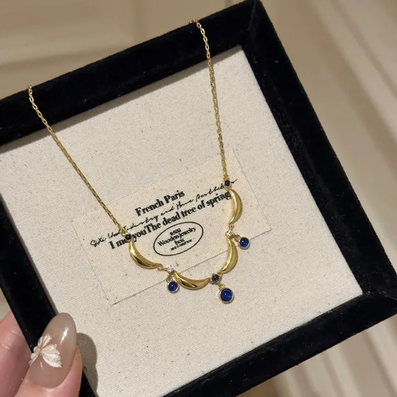 ENSHIR Moon Blue Zircon Water droplets Lace Necklace for Women Girls Vintage Delicate French Princess Jewelry Gifts Wholesale