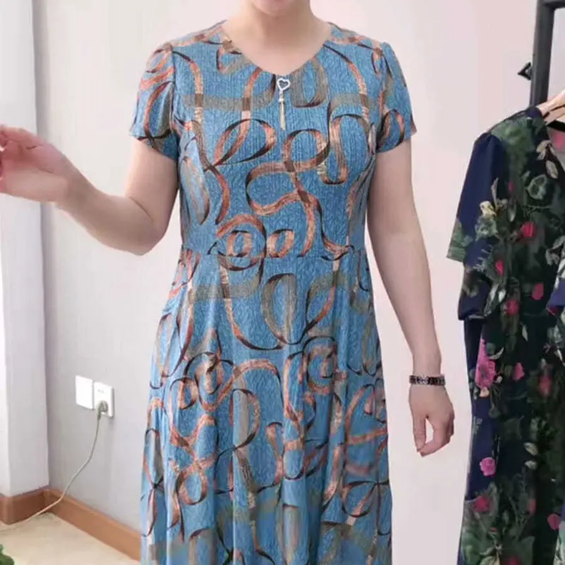 Summer Short Sleeve Waist A-Line Dresses Stylish Three-dimensional Decoration Female Vintage Printed Casual V-Neck Midi Dress