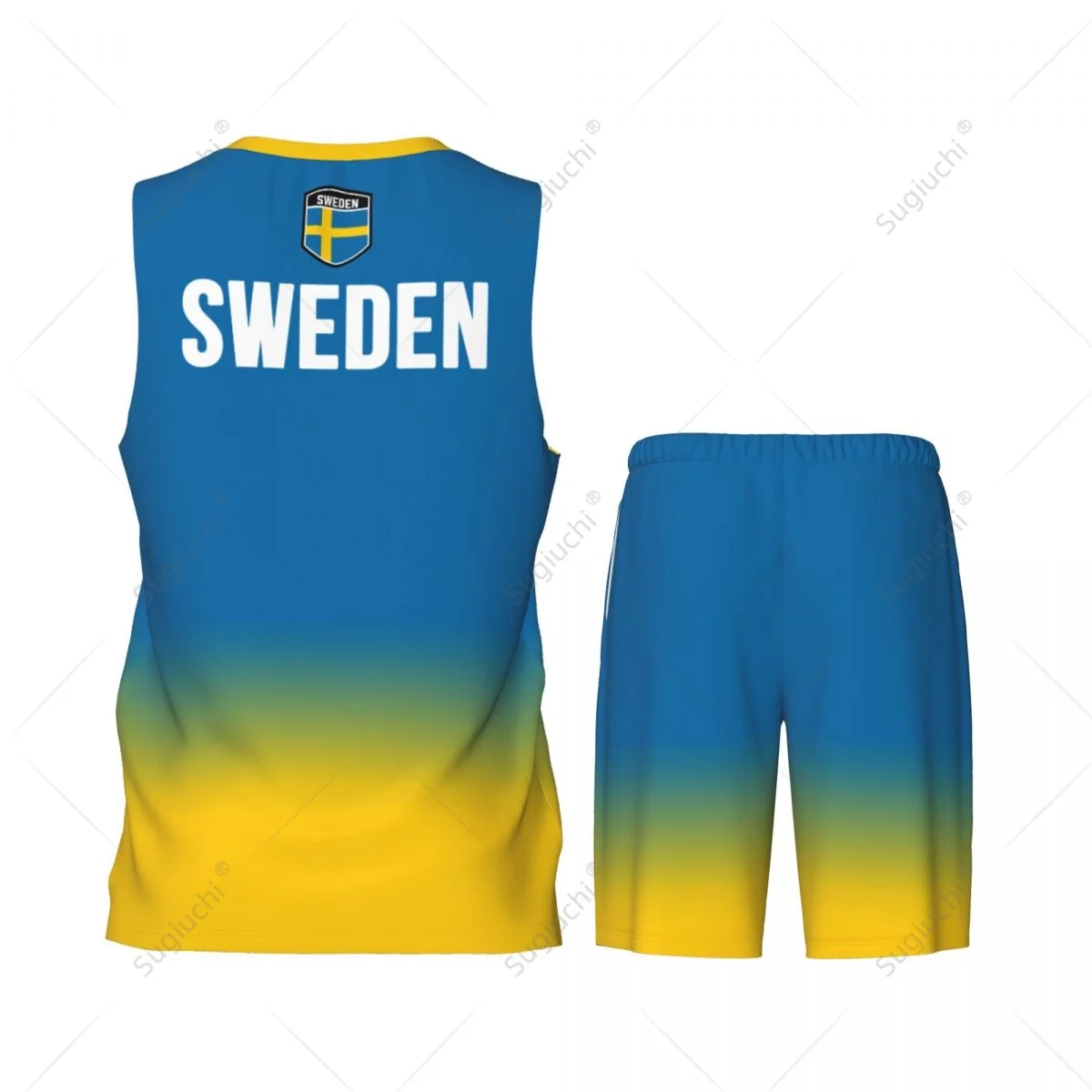 Heren Zweden Vlag Basketbal Jersey Set Mesh Shirt & Broek Mouwloos Exclusief Team-up Aangepaste Naam Nunber Unisex