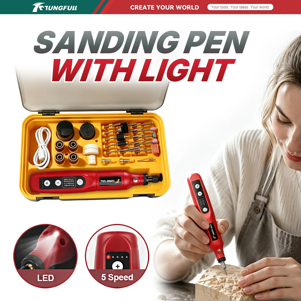 TUNGFULL Mini Rotary Tool 5 Speed Electric Engraving Pen LED Light Cordless Grinder for Jewelry Woodworking DIY Kit