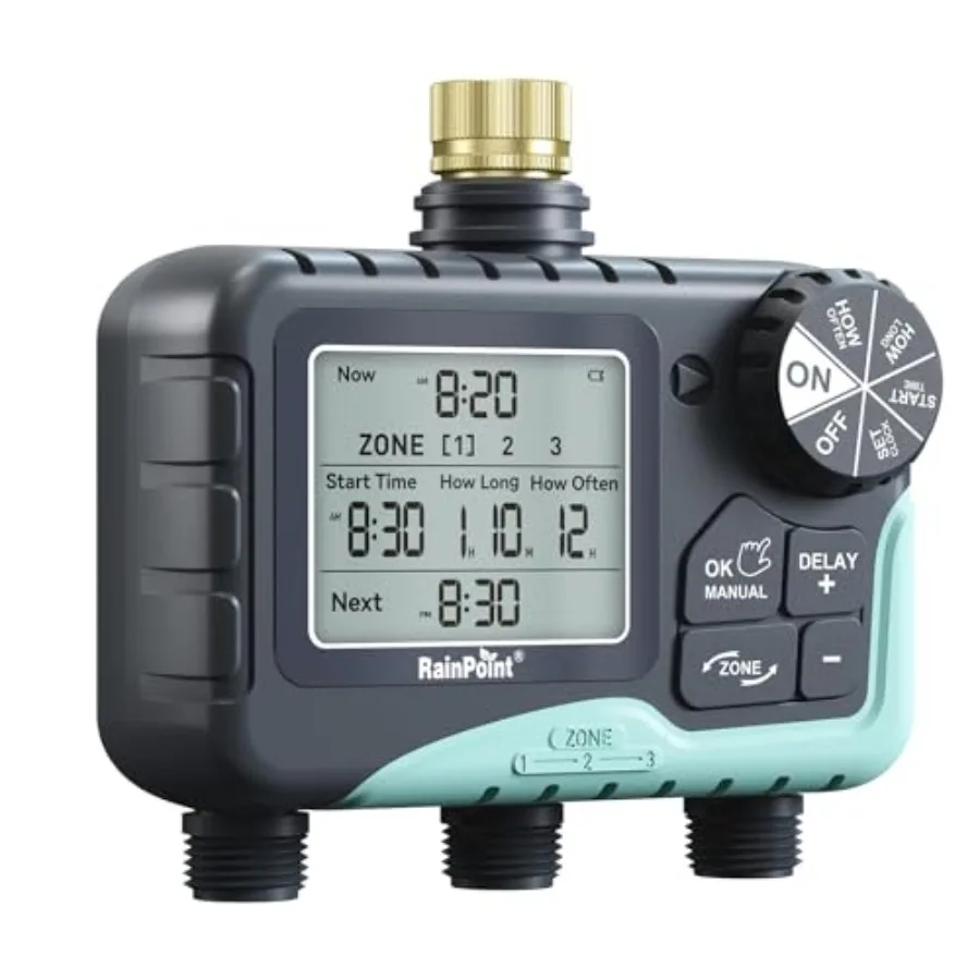 

Garden hose sprinkler timer with brass inlet 3-zone control rain delay/manual/automatic modes IP65 waterproof large LCD display