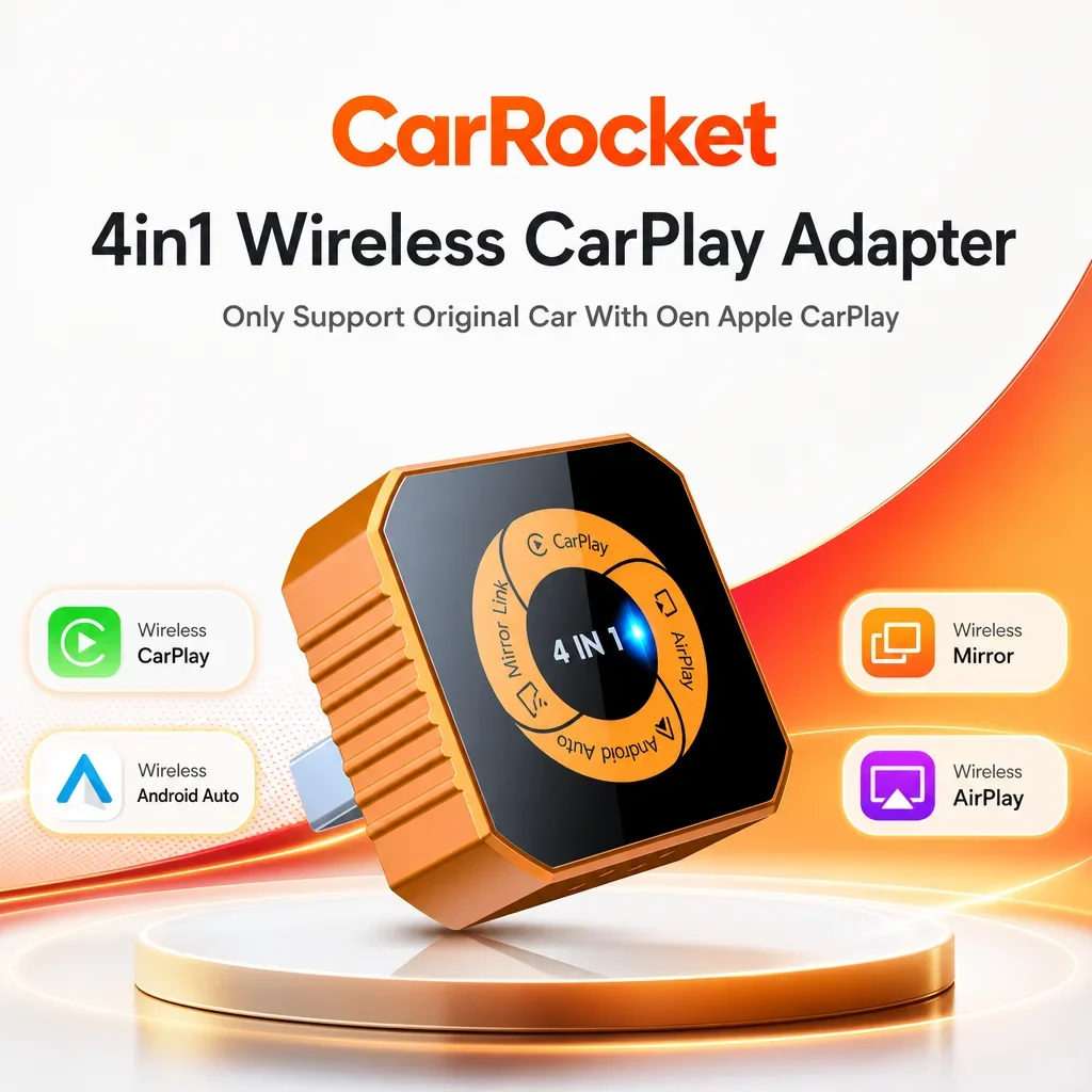 CarRocket Nuevo Adaptador Carplay 4 en 1, Conexión por Cable a Inalámbrica, Android Auto, Mirror Link, Smart MiNi Ai Box, USB Plug and Play, Bluetooth, WiFi
