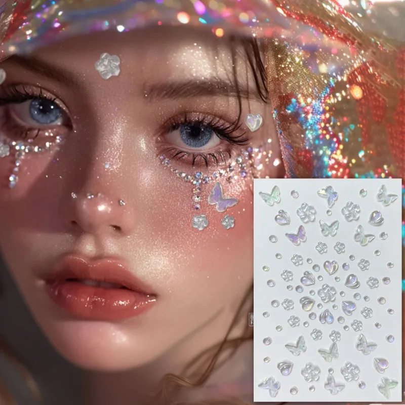 Iridescent Acrylic Face Gems Butterfly Flower Shell Design Self Adhesive Small Diamond Stickers for Makeup Festival Concert