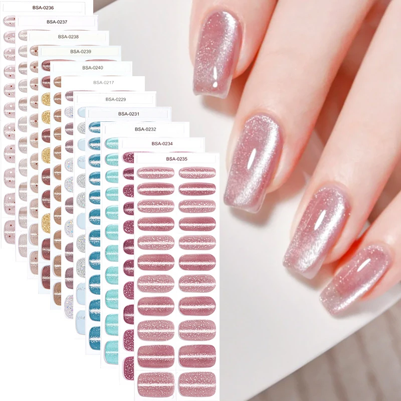 Glitter Cat Eye Nail Stickers No UV Light Semi Cured Gel DIY Nail Wraps Long Lasting Shiny Manicure Decor For Women