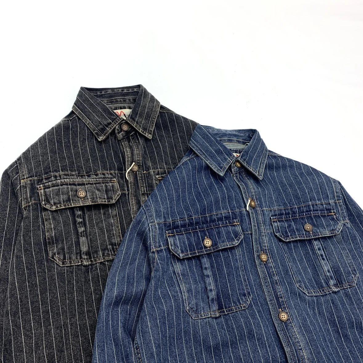 Heavyweight Vertical Striped Shirt for Men Washed Worn Denim Amikaji American Vintage Workwear Cotton Long Sleeve Shirt Coats