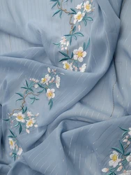 Blue Embroidered Flower Silver Yarn Chiffon Fabric For Clothing Dress Manual DIY Cloth By the meter