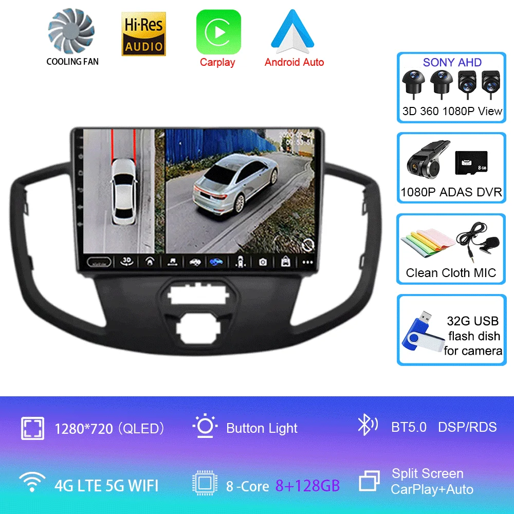 Android 16 Draadloze Carplay & Auto WIFI + 4G voor Ford Transit 2015 2016 2017 2018 autoradio multimediaspeler stereo 2D
