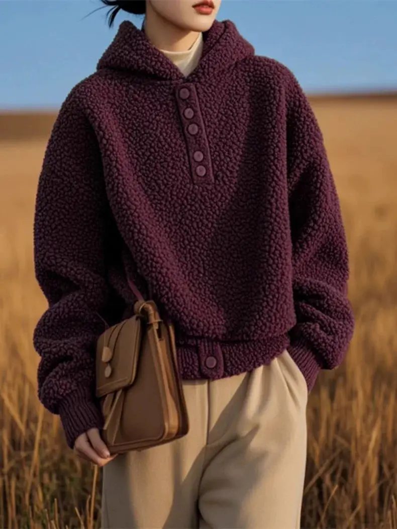 怠惰なフード付きラムウールセーター女性の秋と冬の新しいルーズファッションコート