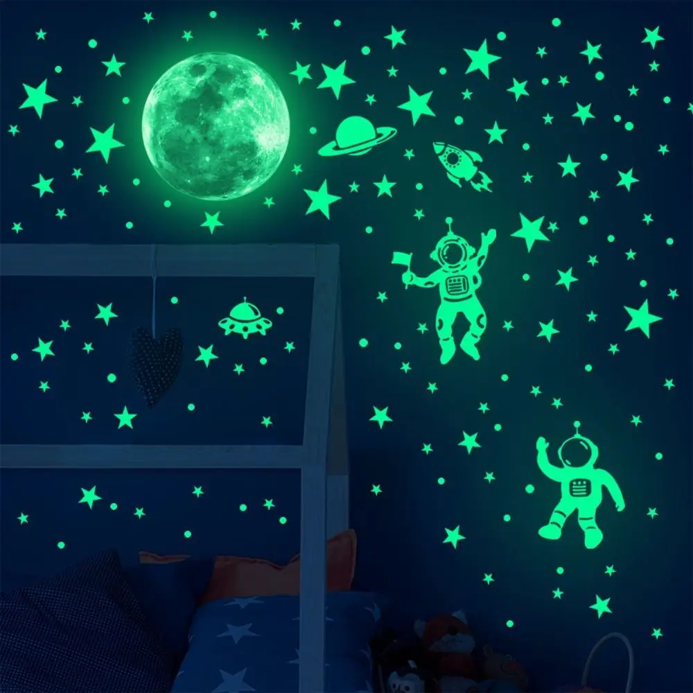 Green Glow in The Dark Stars New PVC Moon Wall Stickers for Bedroom Star Astronaut Nighttime Starry Sky Wall Decal Room