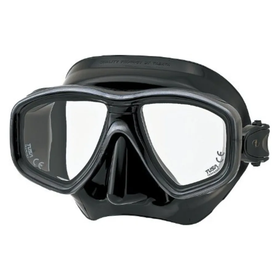 

Scuba diving mask for underwater sports, silicone and polycarbonate material, black color, wide field of view and anti-fog lens