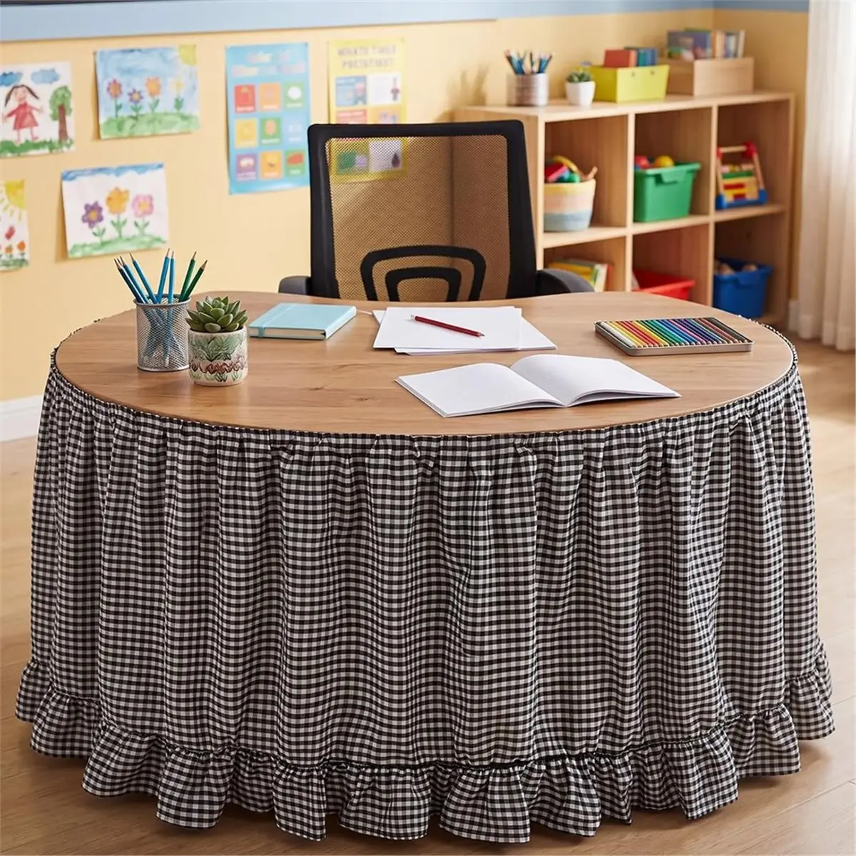 6ft Black White Checkered Gingham Table Skirt Ruffle Tablecloth for Classroom Decor