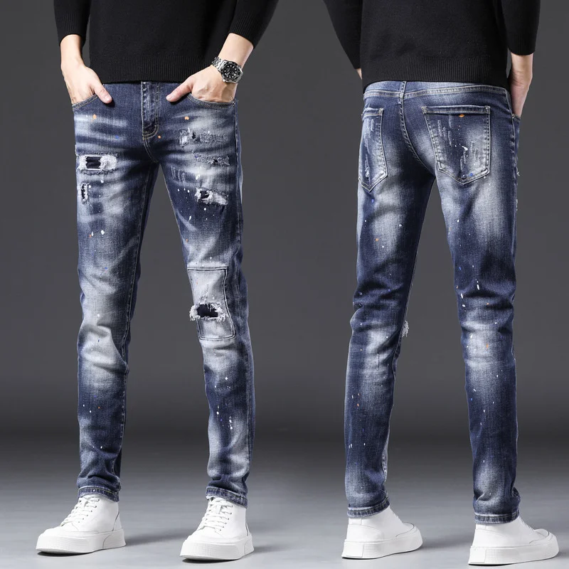 New Men's Wear Broken Hole Tie Cloth Hip Hop Street Ruffian Handsome Small Straight Barrel Wild Heavy Duty Jeans Male