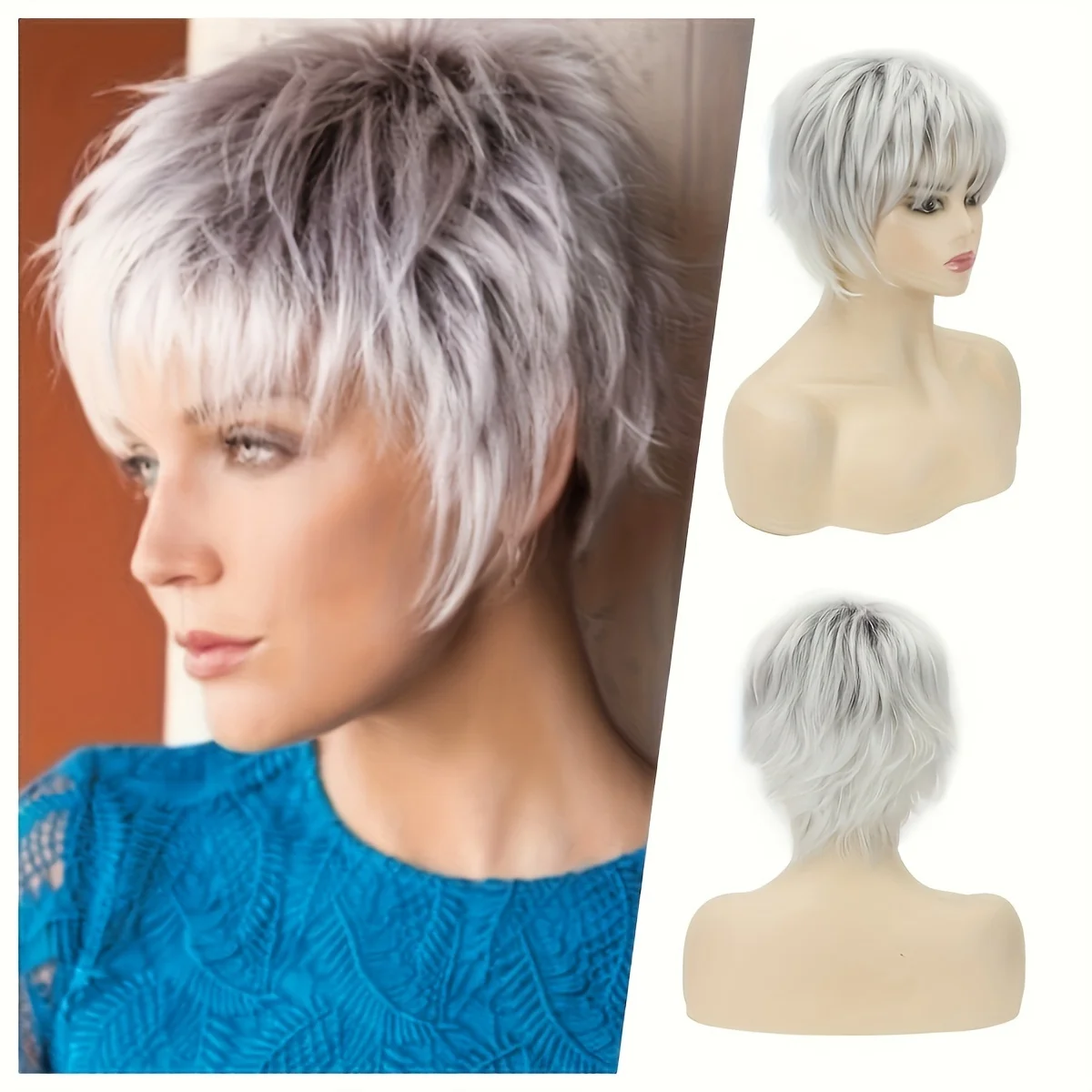 Short Silver Grey Synthetic Wigs for Women Blend with Healthy Memory Fiber Pixie Curly Wig With Bang Natural Daily Use Hair