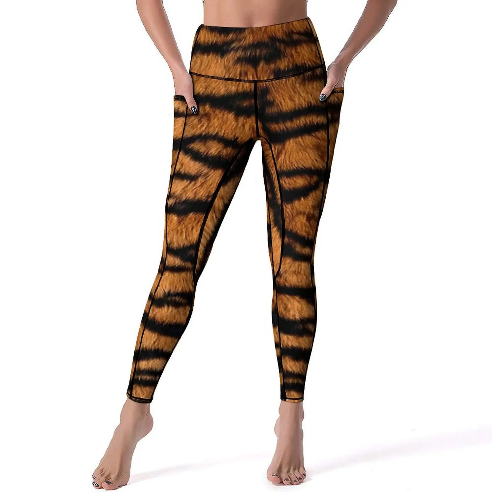 Pantalon de yoga imprimé en fourrure de tigre avec poches, leggings d'entraînement à motif animal, leggings push-up sexy, nouveauté