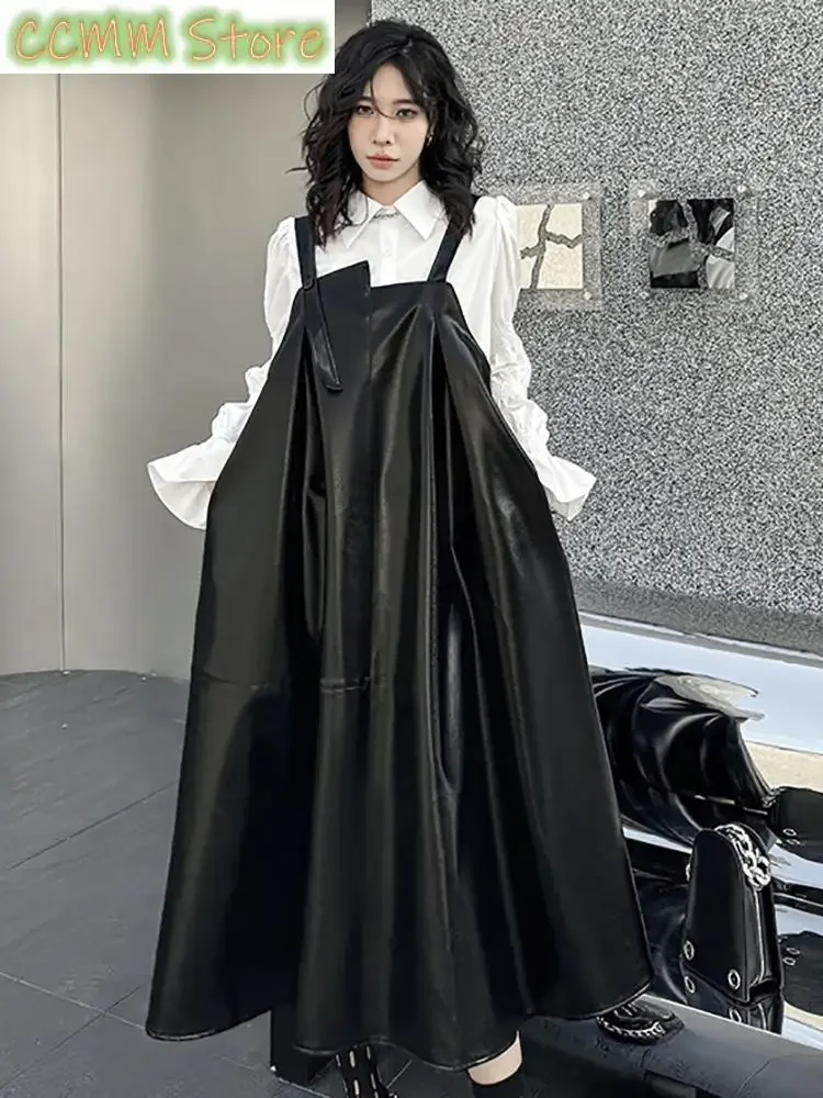 Women Black Big Size PU Leather A-line Strap Dress Square Neck Sleeveless Fashion Tide Spring Autumn