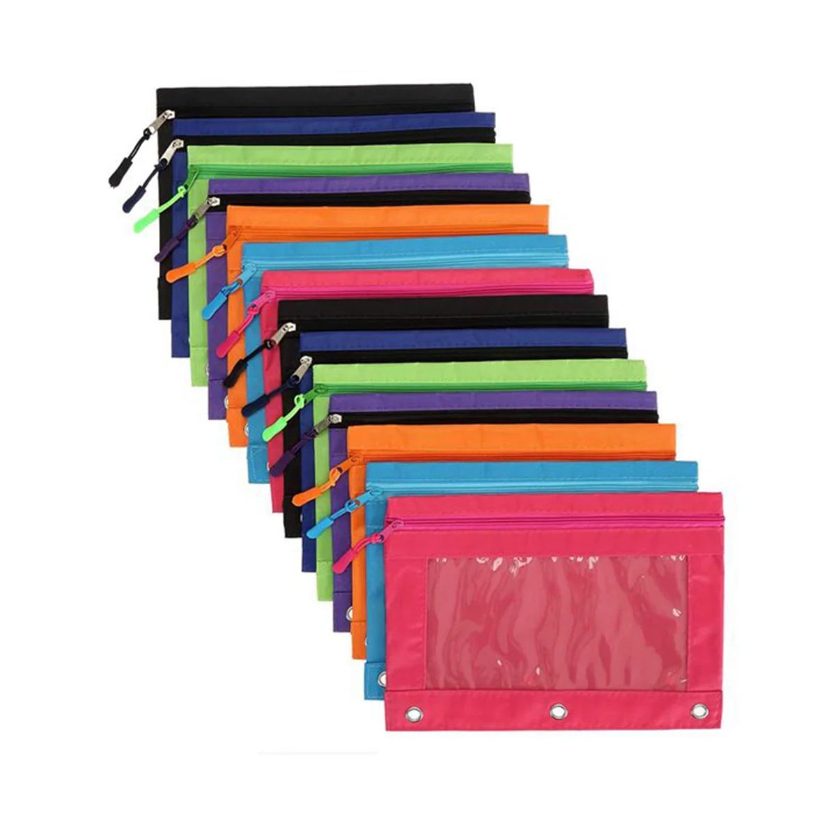 Binder Pencil Pouch with Zipper Pulls, Pencil Case Enforced 3 Ring for School, Office, 14 Pack 7 Colors