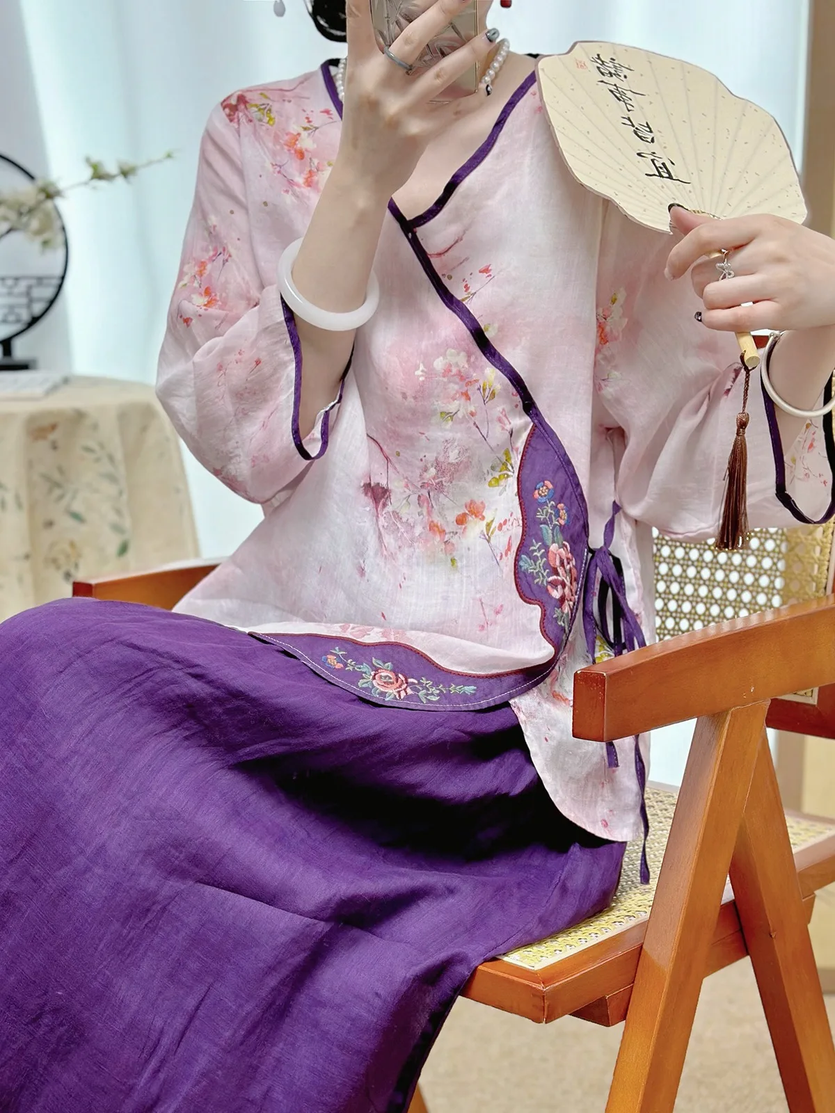 

New Chinese Sle Embroidered Print Blouse Summer Cotton Linen Women's irt Tie Waist Traditional Design V-ne Svel