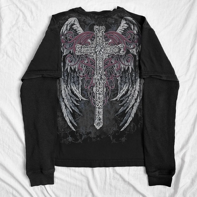 Y2K Cyber Coss Wings Print T-shirt Skull Graphic Long Sleeve Tees Grunge  Fairy Vintage Baggy Top Gothic Clothes