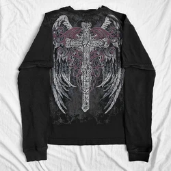 Y2K Cyber Coss Wings Print T-shirt Skull Graphic Koszulki z długim rękawem Grunge Fairy Vintage Baggy Top Gothic Clothes