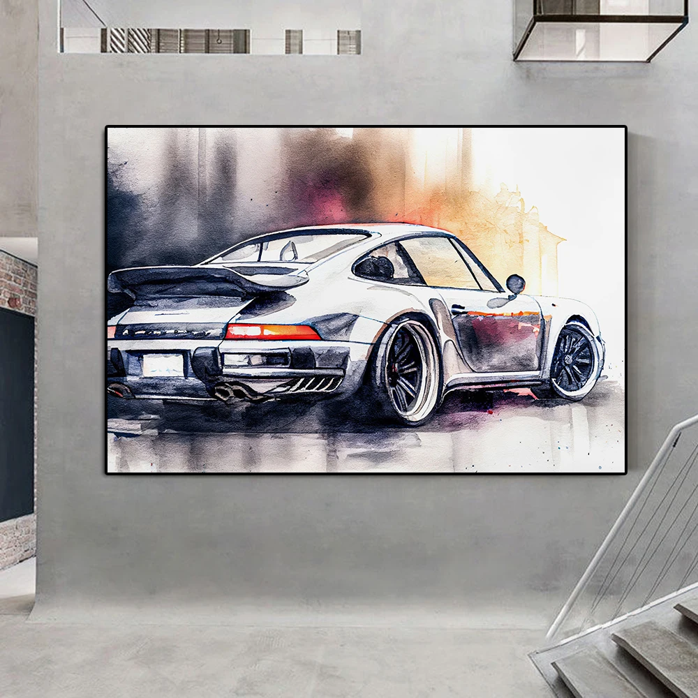 

Classic Sports Car 911 Watercolor Poster Retro Luxury Racing Graffiti Canvas Painting Abstract Supercar Wall Art Room Decor Gift