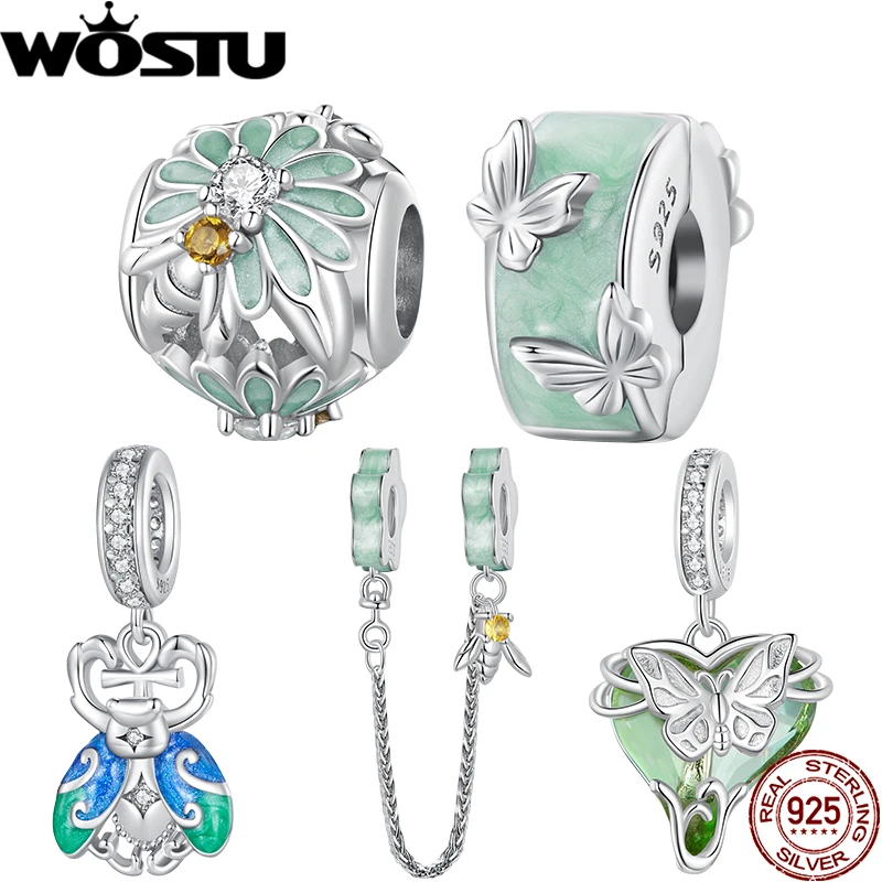 WOSTU 925 Sterling Silver Bee and Daisy Charm Green Butterfly Insect Bead Oasis Flower Safety Chain Fit Original Bracelet Bangle