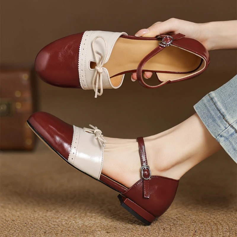 Retro Burgundy Low Heel Pumps Women Fashion Mixed Colors Blocking Sewing Ankle Buckle Designer Shoes Elegant Comfort Dress Shoes