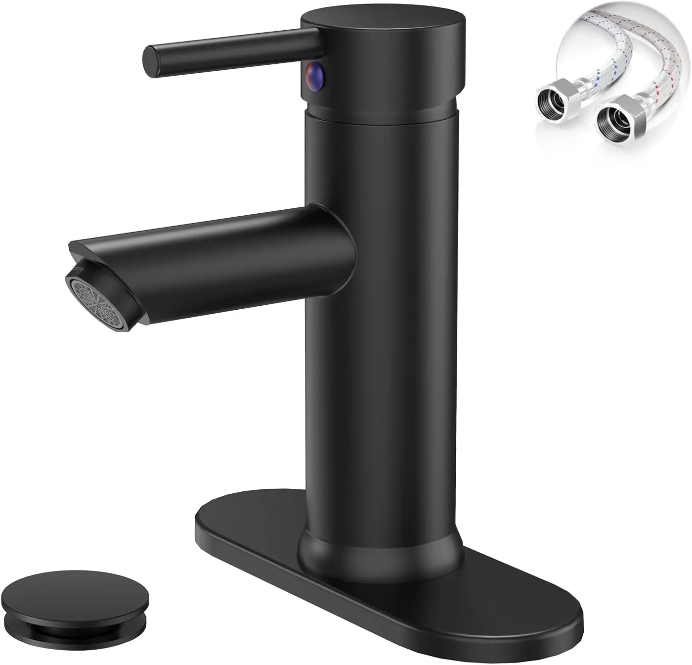 

Single Hole Bathroom Sink Faucet with Pop Up Drain and Supply Line, Brass Finish, Black Design for Vanity Basin