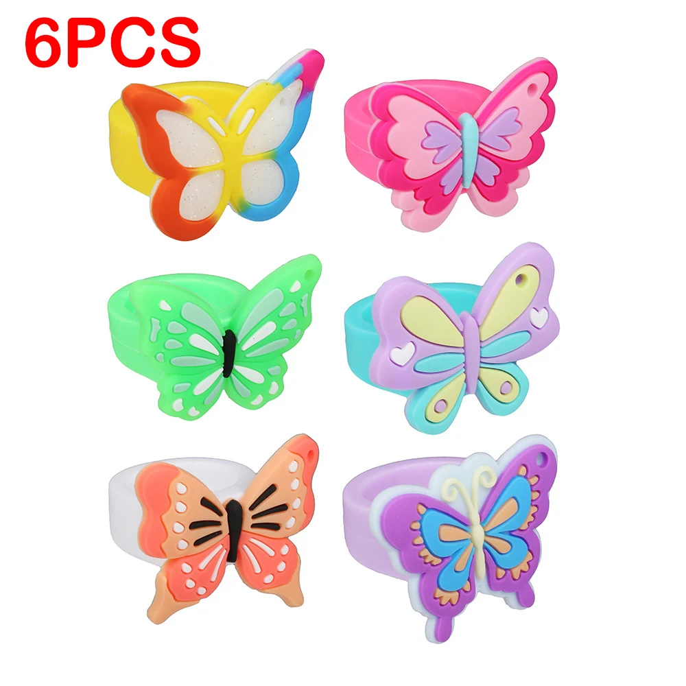 6Pcs Colorful PVC Butterfly Ring Birthday Party Decor Children's Cartoon Ring Baby Souvenirs Event Party Favors Kids Gift