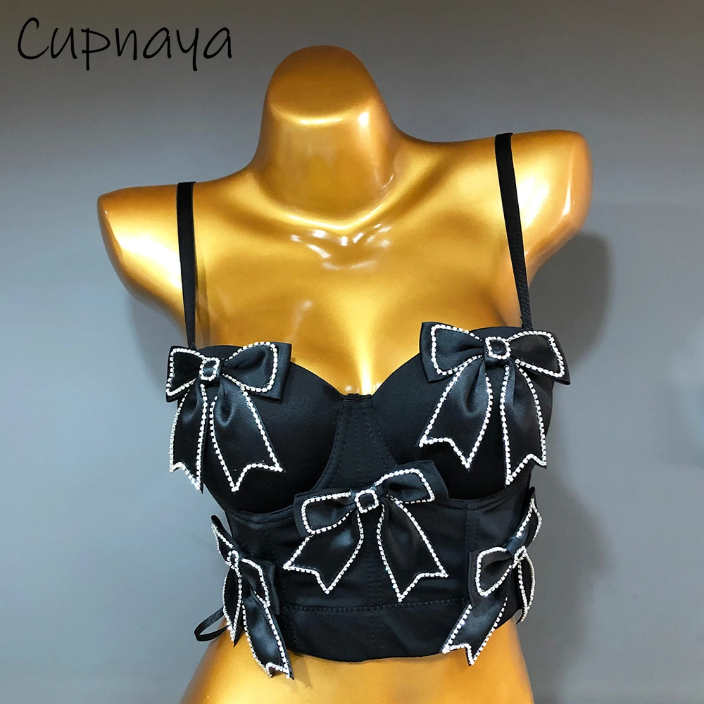 Cupnaya-Top corto con lazo brillante para mujer, corpiño Push Up, corsé, camisola, Bralette, traje de actuación, chaleco de baile, negro y blanco