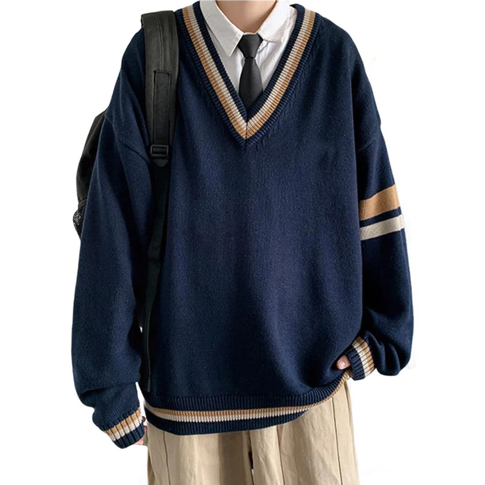 Maglione lavorato a maglia con scollo a V da uomo, stile college coreano, top ampio a maniche lunghe