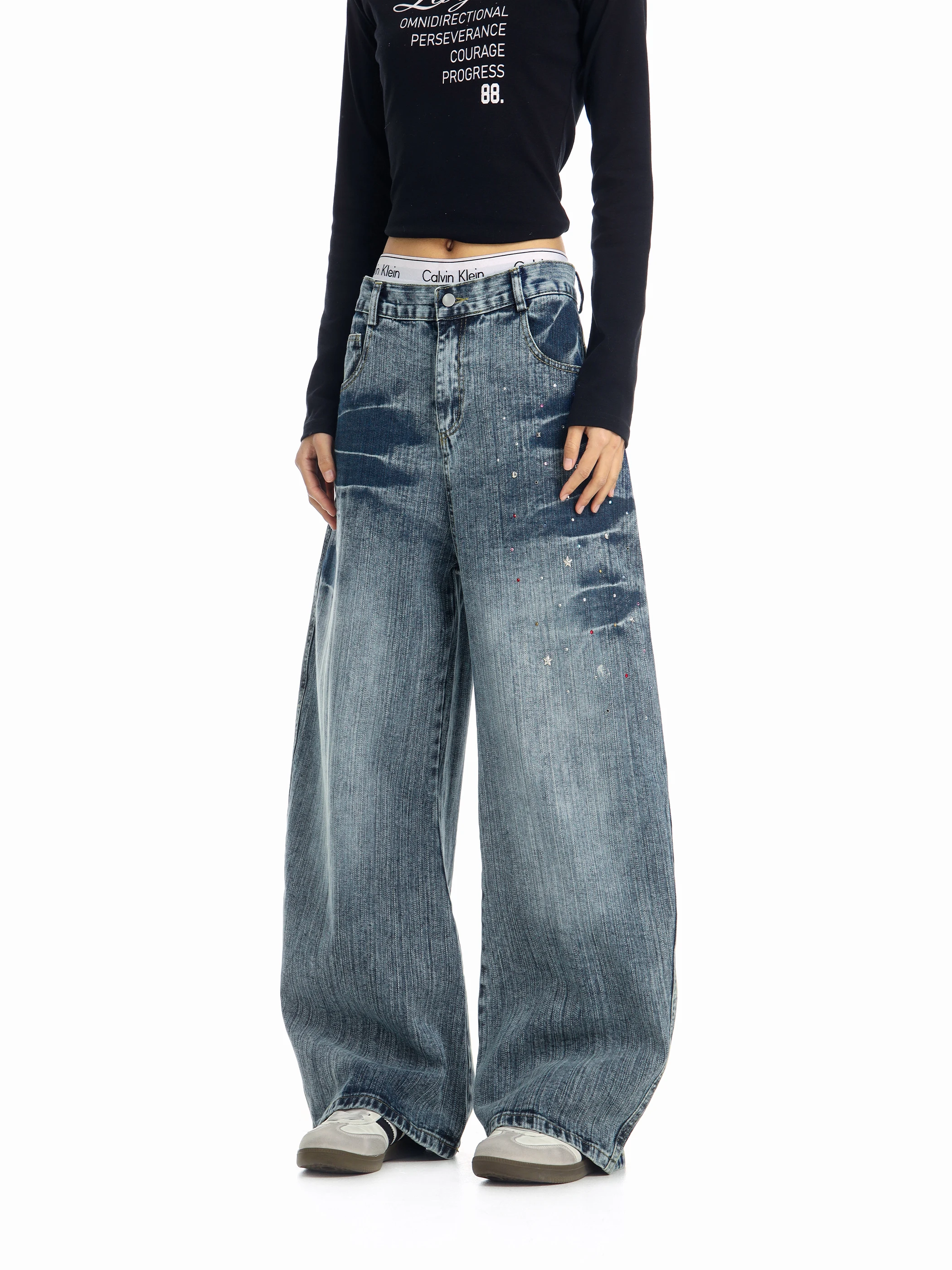 

Женские джинсы Retro Beer Captain 2026 Spring American Sle с широкими штанинами, свободного кроя, длиной в пол, с декором из страз