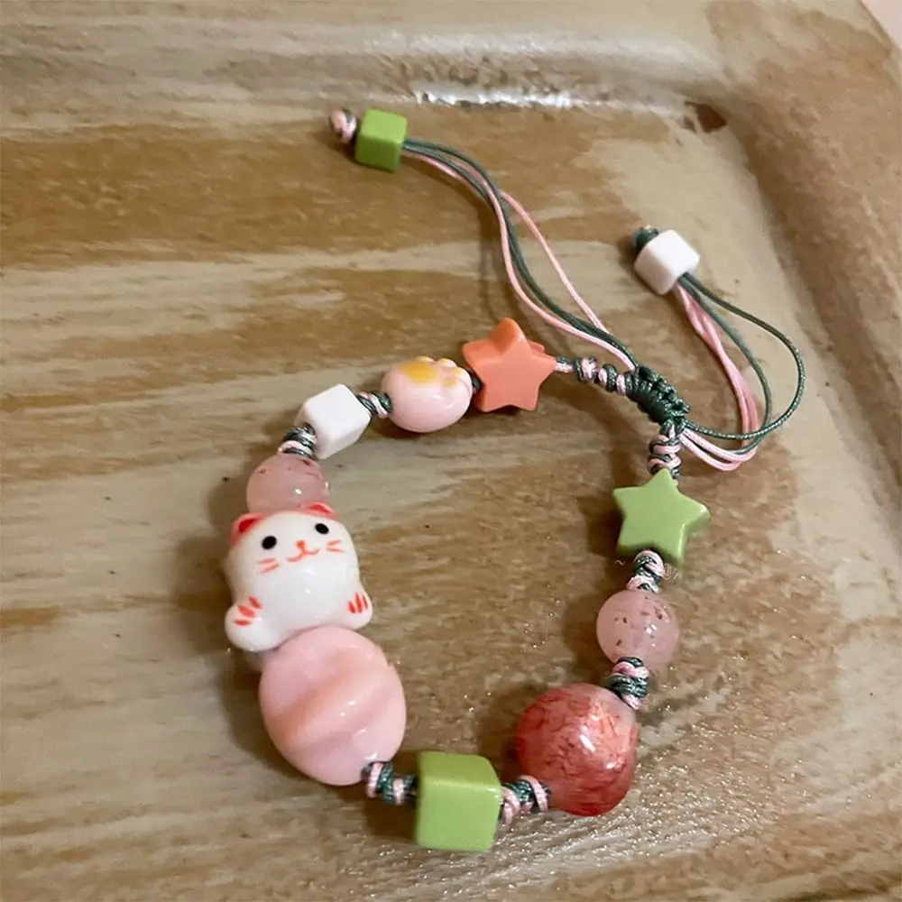 Fresh Ceramic Cat Bracelet Maneki Neko Bracelet Charming Lucky for Cat Bead Bracelet Gifts for Children Adult Men Women