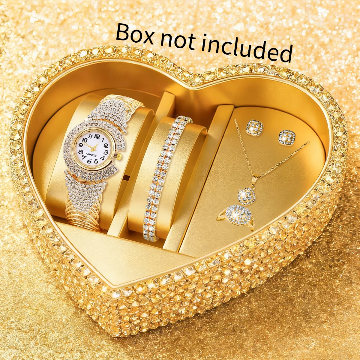 6PCS Fashion Arabic Dial Women Watch Diamond Jewelry Set Elegant Rhinestone Bracelet Bangle Ladies Wristwatches (Without Box)