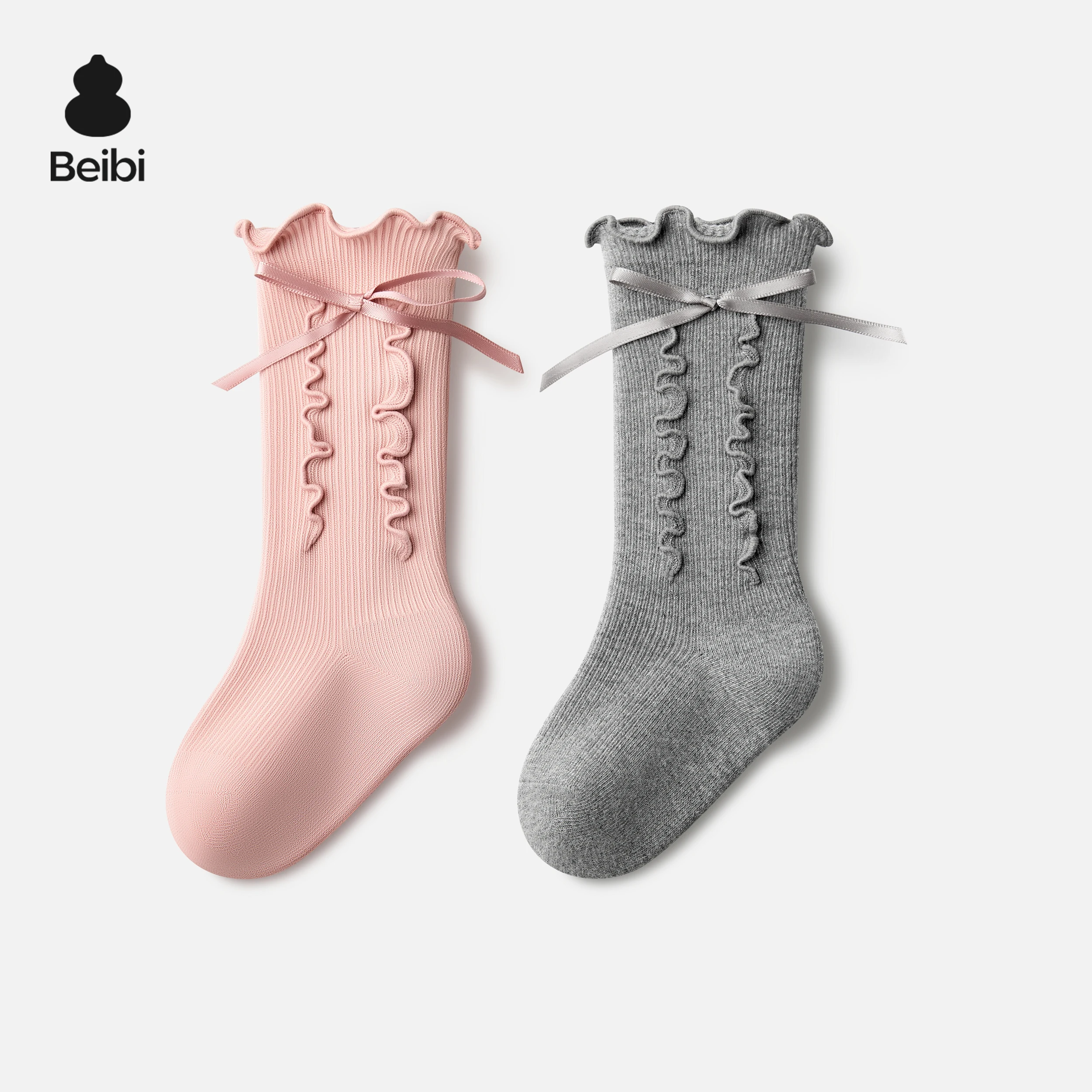 

Beibi 2-Pair Pack Girls' Over-the-Knee Socks Jacquard Bow Design Suitable for Spring, Fall, and Winter Seasons For Ages 4 and Up