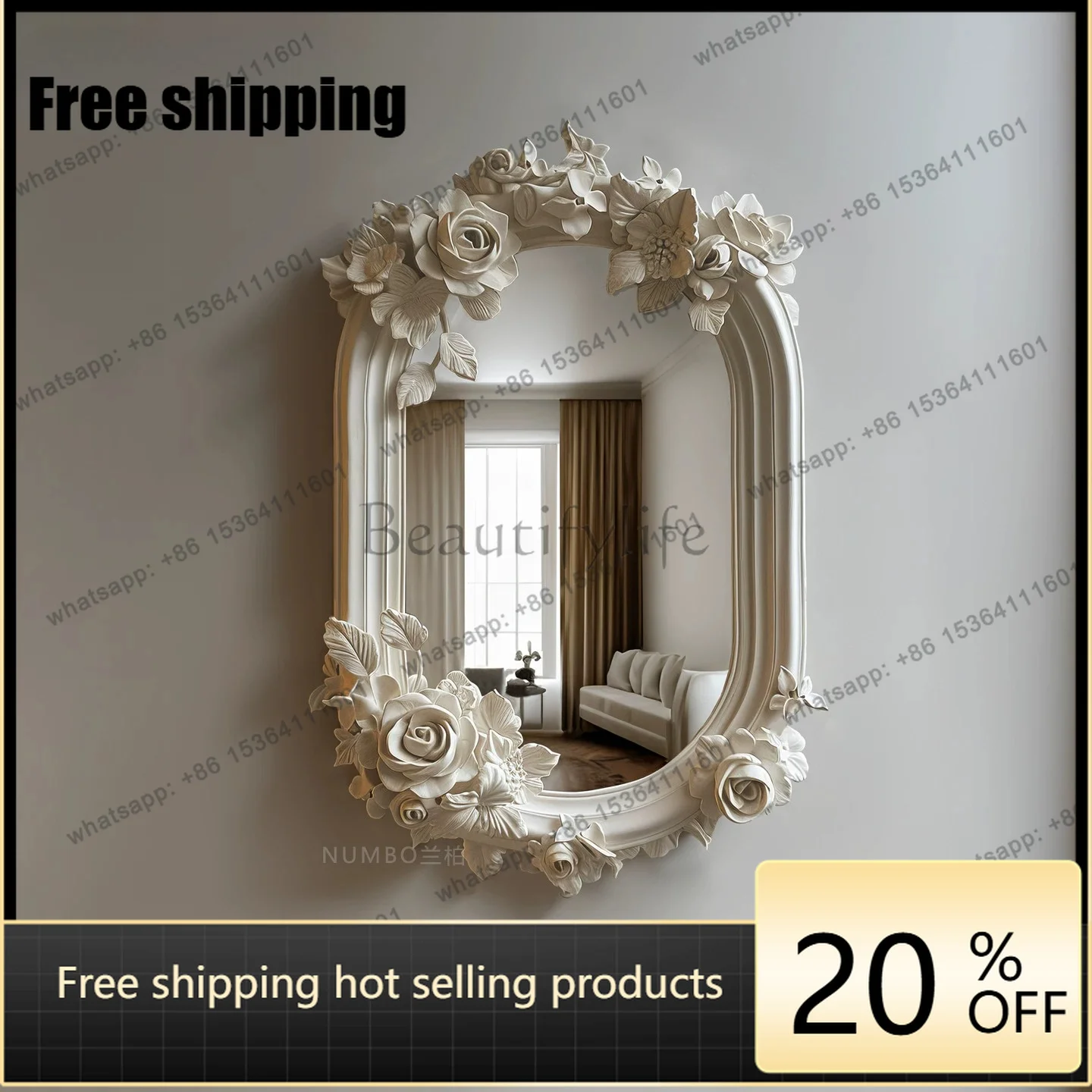 YJ French Vintage Floral Oval Wall Mounted Makeup Mirror Romantic Art Decor Mirror For Home Interior Ornament